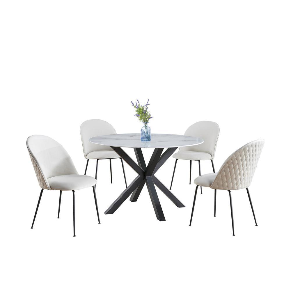 5pc round dining set marble wrap glass table w 4 beige side chairs