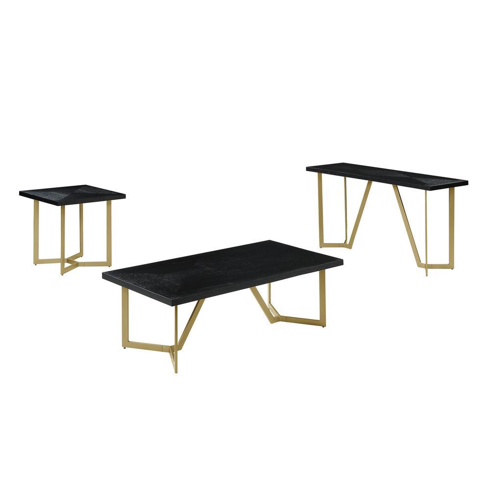 3pc Black wood top coffee table set wgold color iron base 1Coffee1End1console table