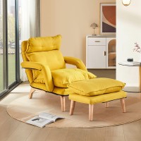 Clipop Modern Living Room Accent Chair With Ottoman, Comfy Linen Armchair With Adjustable Backrest(5 Angles), Solid Wood Legs, Leisure Upholstered Single Sofa Chair With Footrest, Yellow