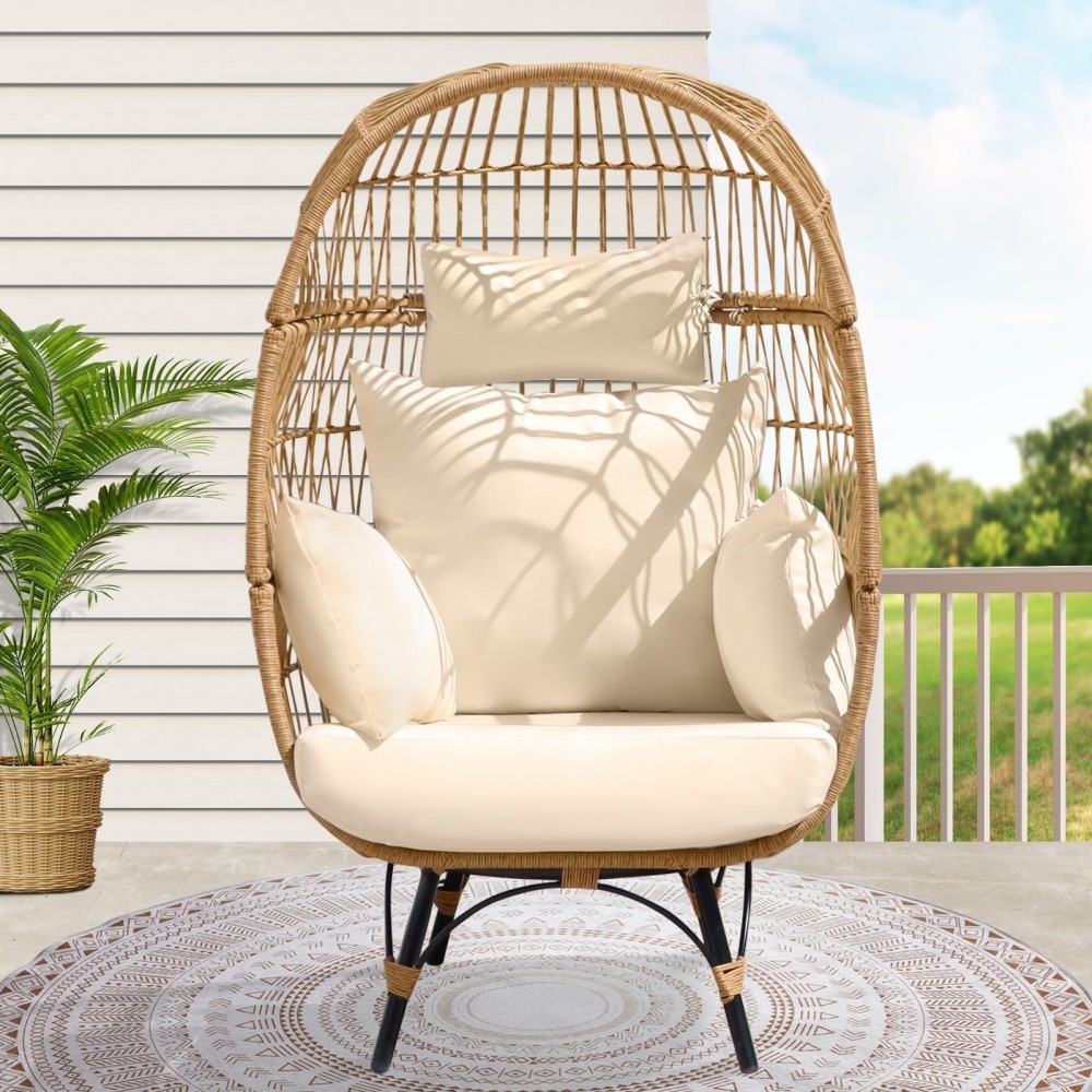 RADIATA Oversized Wicker Egg Chair w/ 5 Cushions 440lb Capacity Lounge Basket with Strong Heavy-Duty Steel Frame for Indoor Outdoor Patio Backyard Living Room (Beige)