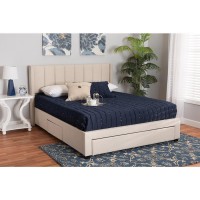 Baxton Studio Coronado Mid-Century Modern Transitional Beige Fabric Queen Size 3-Drawer Storage Platform Bed