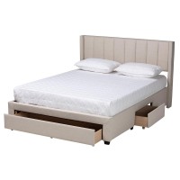 Baxton Studio Coronado Mid-Century Modern Transitional Beige Fabric Queen Size 3-Drawer Storage Platform Bed