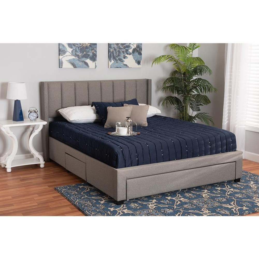 Baxton Studio Coronado Mid-Century Modern Transitional Grey Fabric Queen Size 3-Drawer Storage Platform Bed