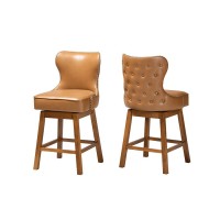 Baxton Studio Gradisca Modern Tan Faux Leather and Walnut Brown Finished Wood 2Piece Swivel Counter Stool Set