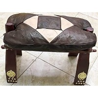 H A N Vintage Egyptian Camel Foot Stool Ottoman Saddle Leather Wood Ottoman Camel Chair, Handmade Chair