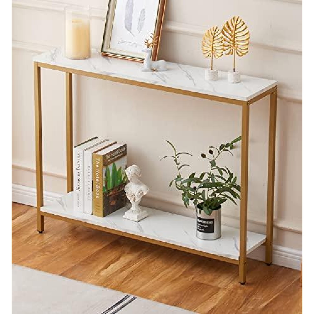 Loglus Console Table For Entryway, Faux Marble Mdf Sofa Table With Golden Frame (Double Layer, White Marble)