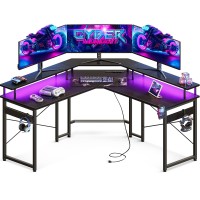 Odk L Shaped Gaming Desk With Led Lights Power Outlets 51 Computer Desk With Full Monitor Stand Corner Desk With Cup Holde