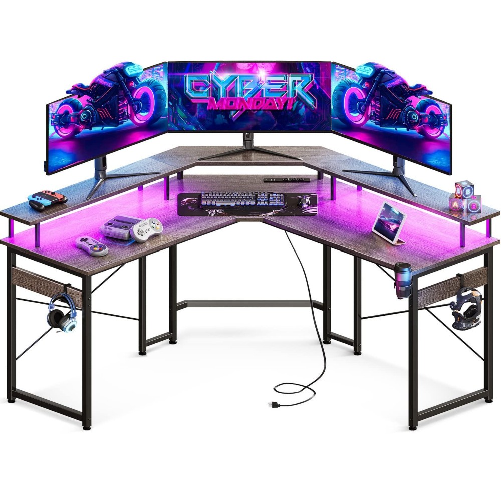 Odk L Shaped Gaming Desk With Led Lights Power Outlets 51 Computer Desk With Full Monitor Stand Corner Desk With Cup Holde