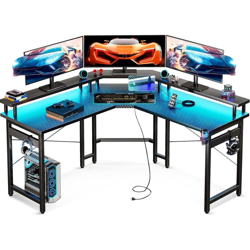 Odk L Shaped Gaming Desk With Led Lights Power Outlets 51 Computer Desk With Full Monitor Stand Corner Desk With Cup Holde