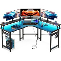 Odk L Shaped Gaming Desk With Led Lights Power Outlets 51 Computer Desk With Full Monitor Stand Corner Desk With Cup Holde