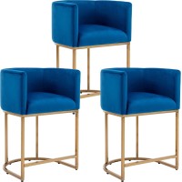 Wahson Set Of 3 Velvet Upholstered Bucket Counter Height Stool, 24'' H Mid Century Modern Fabric Bar Stool, With Golden Metal Frame, Royal Blue