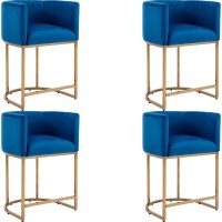 Wahson Set Of 4 Velvet Upholstered Bucket Counter Height Stool, 24'' H Mid Century Modern Fabric Bar Stool, With Golden Metal Frame, Royal Blue