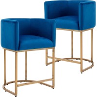 Wahson Set Of 2 Velvet Upholstered Bucket Counter Height Stools, 24'' H Mid Century Modern Fabric Bar Stools, With Golden Metal Frame, Royal Blue