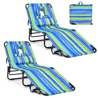 Gymax Tanning Chair, 350Lbs Beach Lounge Chair With Face Hole, Washable Pillow & Carry Strap, Adjustable Folding Chaise Lounge, Layout Chair For Outside, Patio, Poolside, Lawn (2, Stripe)