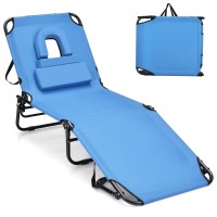 Gymax Tanning Chair, 350Lbs Beach Lounge Chair With Face Hole, Washable Pillow & Carry Strap, Adjustable Folding Chaise Lounge, Layout Chair For Outside, Patio, Poolside, Lawn (1, Blue)
