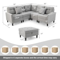 Komfott Modular Sectional Sofa Couch, Reversible L-Shaped Corner Sofa Set With Ottoman, Faux Linen Fabric, 2 Removable Pillows, Modern 5-Seat Sofa Couch, Living Room Furniture Sets (Gray)