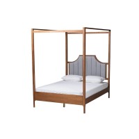 Baxton Studio Dakota Classic and Traditional Light Grey Fabric and Ash Walnut Finished Wood Queen Size Platform Canopy Bed