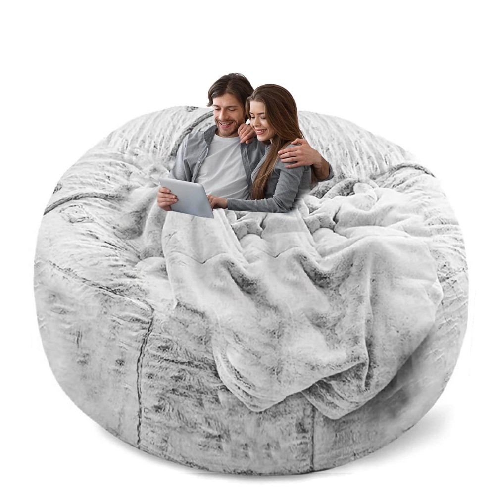 Yudoutech Bean Bag Chair Cover(Cover Only,No Filler),Big Round Soft Fluffy Pv Velvet Washable Bean Bag Lazy Sofa Bed Cover For Adults,Living Room Bedroom Furniture Outside Cover,5Ft Snow Grey.