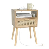 Maxsmeo Bedside Table Small Nightstand With Charging Station Rattan Side Table Small Wood End Table For Living Room Bedroom A