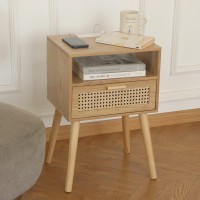 Maxsmeo Bedside Table Small Nightstand With Charging Station Rattan Side Table Small Wood End Table For Living Room Bedroom A