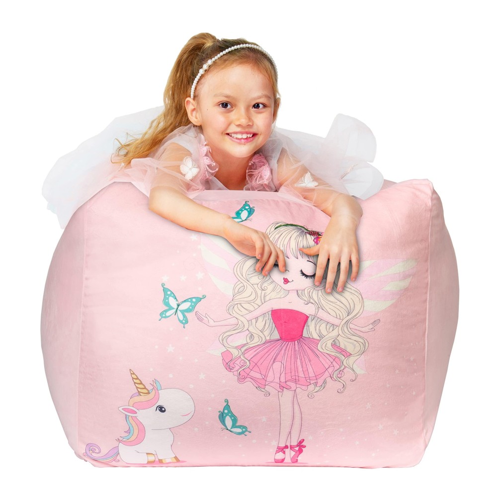 Yoweenton Kids' Stuffed Animal Beanbag Storage For Girls Room Decorations, Unicorn Bean Bag Chairs, 22