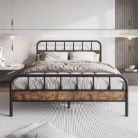 Elegant Home Products Black Queen Bed Frame With Wooden Headboard,Metal Platform Bed Frames With Strong Slat Support,No Box Spring Needed,Under Bed Storage,Easy Assembly Rustic Brown