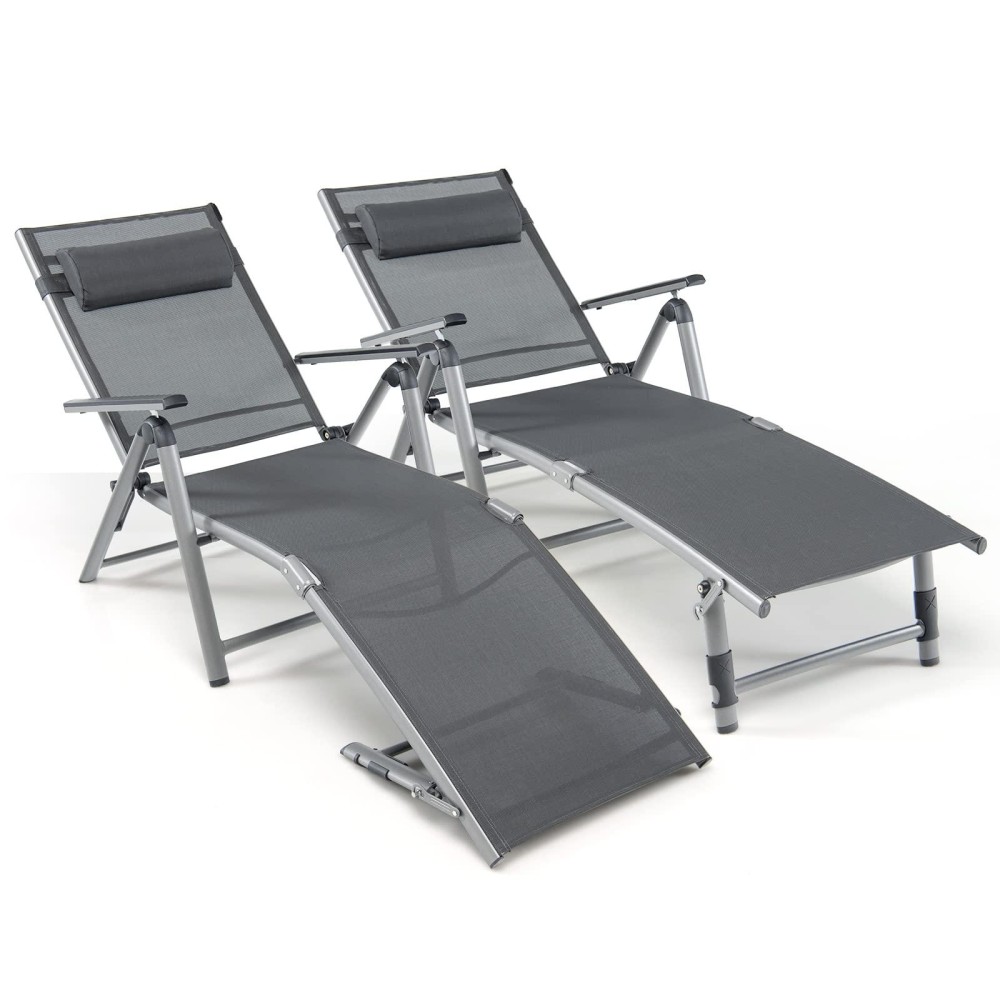 Giantex Outdoor Chaise Lounge Chair - Set Of 2 Folding Lounge Chair W/ 8-Level Adjustable Backrests, Aluminum Frame, Cozy Headrest Pillow, Patio Recliner For Backyard Poolside Balcony (2, Gray)