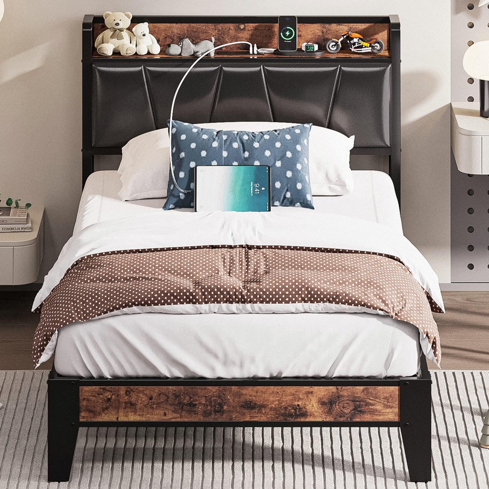 Likimio Twin Bed Frame, Storage Headboard With Charging Station, Solid And Stable, Noise Free, No Box Spring Needed, Easy Assembly (Vintage And Black)