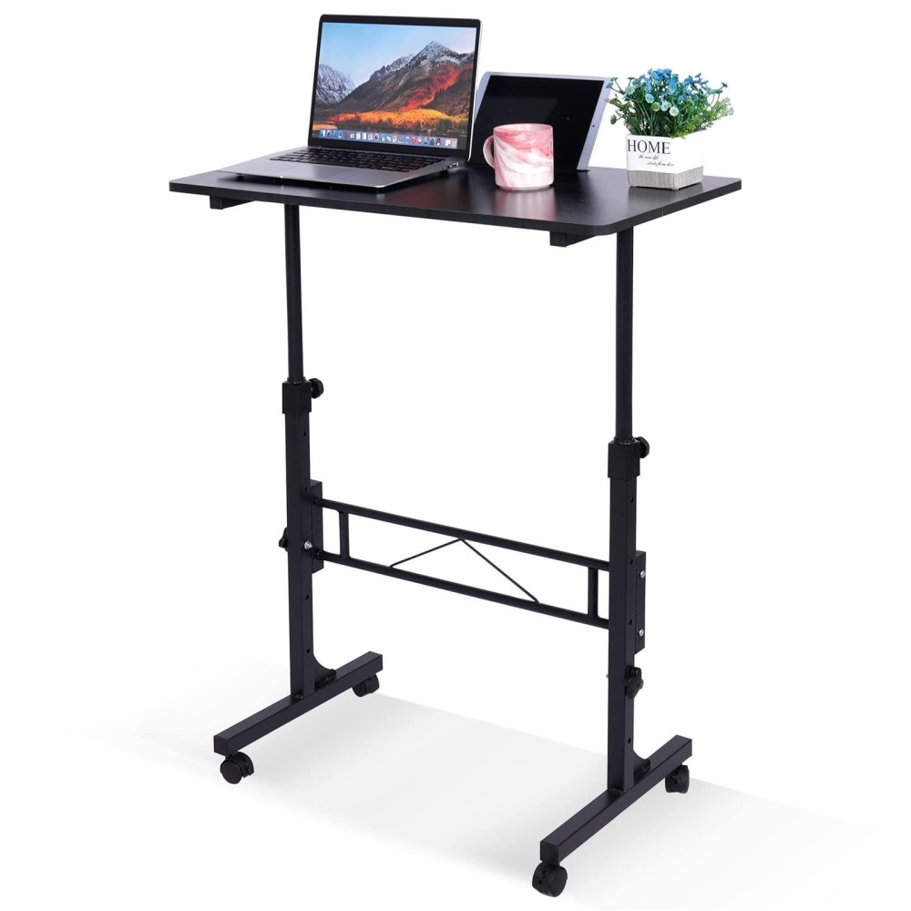 Standing Desk Adjustable Height Mobile Stand Up Desk With Wheels Small Computer Desk Rolling Desk Portable Laptop Desk Black S