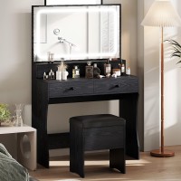 Ironck Vanity Desk Set With Led Lighted Mirror Power Outlet Makeup Vanity Table With 4 Drawers Storage Bench For Bedroom Bat