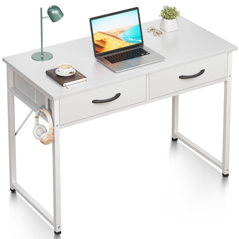 Odk 40 Inch Small Desk With Fabric Drawers For Bedroom White Vanity Desk With Storage Home Office Computer Desk For Small Spa