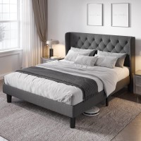 Allewie Queen Size Bed Frame With Button Tufted Wingback Headboard Upholstered Platform Bed With Wooden Slats Support No Box