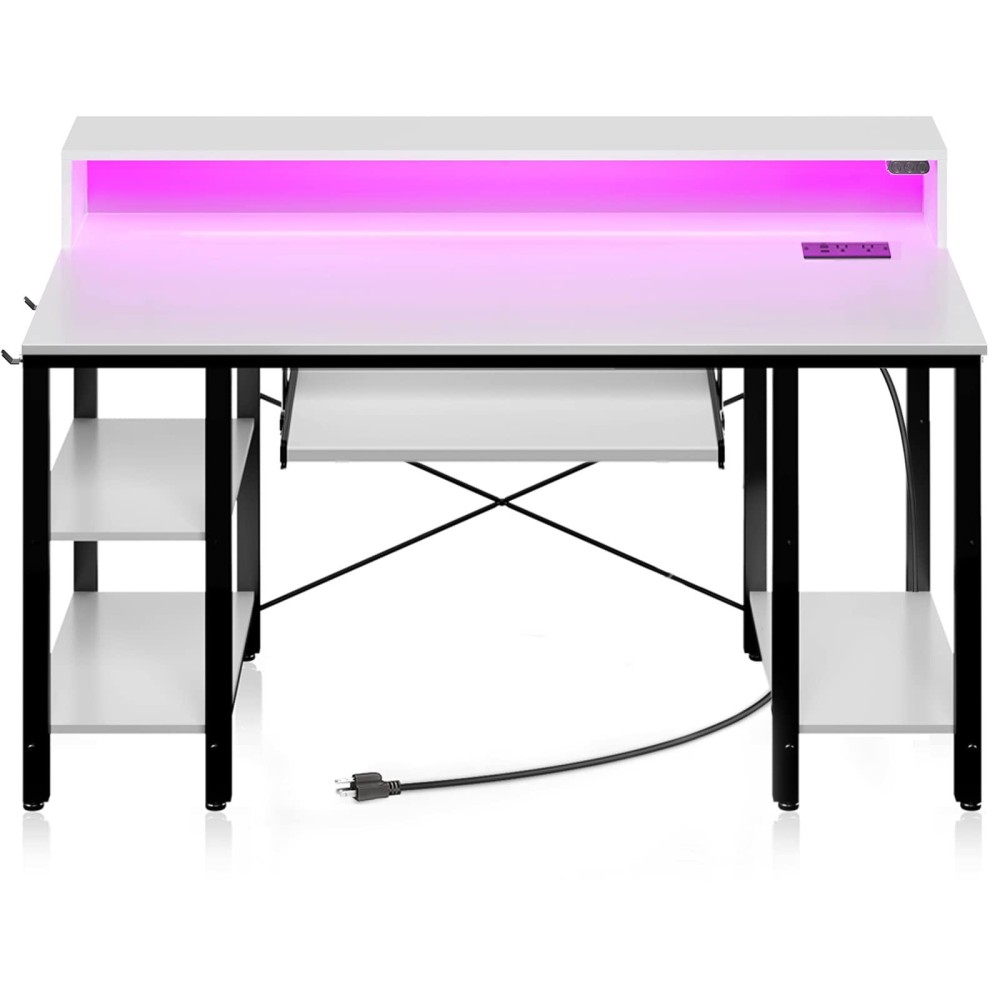 Rolanstar Computer Desk 55 Inch With Led Lights & Power Outlets, Gaming Desk With Storage Shelves, Home Office Desk With Keyboard Tray, Writing Desk With Monitor Stand, Study Desk, White