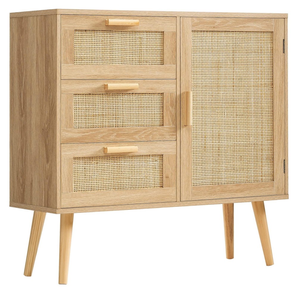 Iwell Storage Cabinet With Natural Rattan Door & 3 Drawers, Adjustable Shelf, Rattan Cabinet, Accent Cabinet For Living Room, Bedroom, Home Office, Natural