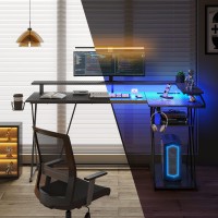 Seven Warrior L Shaped Gaming Desk With Led Lights & Power Outlets, 63??Reversible Corner Desk With Storage Shelf, Computer Desk With Monitor Stand, Gaming Table With Cup Holder, With Hooks, Black
