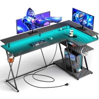 Seven Warrior L Shaped Gaming Desk With Led Lights & Power Outlets, 55??Reversible Corner Desk With Storage Shelf, Computer Desk With Monitor Stand, Gaming Table With Cup Holder, With Hooks, Black