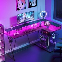 Seven Warrior L Shaped Gaming Desk With Led Lights & Power Outlets, 55??Reversible Corner Desk With Storage Shelf, Computer Desk With Monitor Stand, Gaming Table With Cup Holder, With Hooks, Black