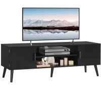 Iwell Rattan Tv Stand For 55 Inch Tv, Entertainment Center With 2 Cabinets & Shelf, Rattan Tv Console, Media Console For Living Room, Black+Natural