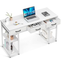 Odk Office Small Computer Desk Home Table With Fabric Drawers Storage Shelves Modern Writing Desk White 48X16