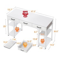 Odk Office Small Computer Desk Home Table With Fabric Drawers Storage Shelves Modern Writing Desk White 48X16