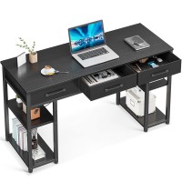 Odk Office Small Computer Desk: Home Table With Fabric Drawers & Storage Shelves, Modern Writing Desk, Black, 48