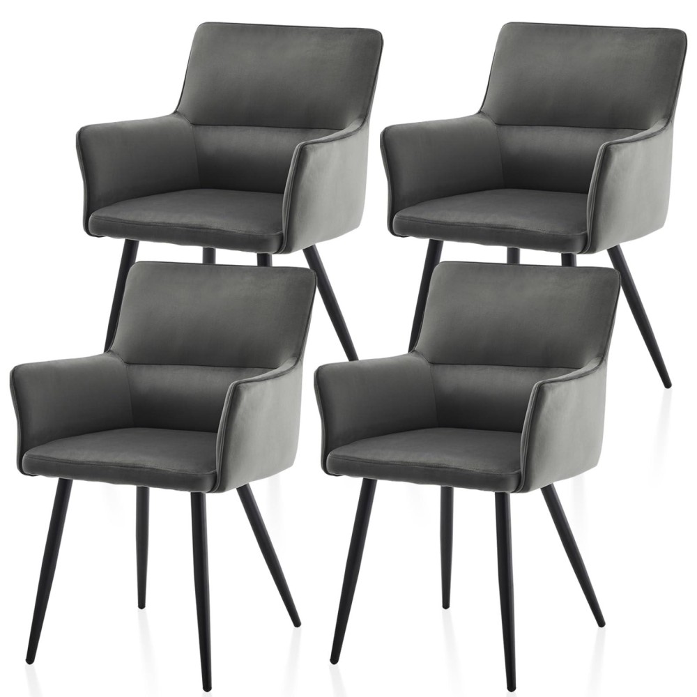 Tukailai Leisure Dining Chairs Set Of 4, Velvet Upholstered Seat Kitchen Chairs With Armrests, Backrest And Metal Legs, Comfy Accent Lounge Chair For Reception Room Living Room (Gray)