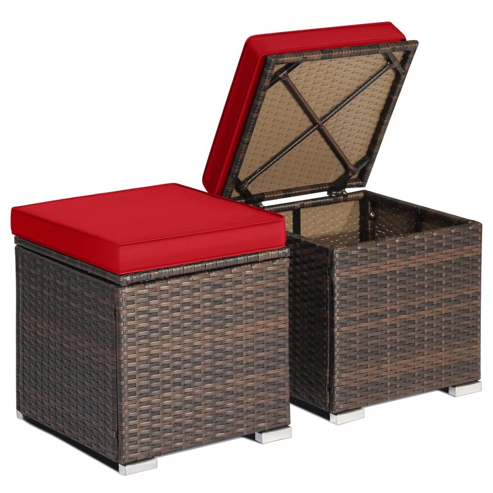 Relax4Life 2-Pieces Outside Rattan Ottomans - Patio Wicker Footstools With Storage Space, Removable Cushions, Multifunctional Hand-Woven Outdoor Side Tables, Additional Seats And Footrest (Red)
