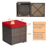 Relax4Life 2-Pieces Outside Rattan Ottomans - Patio Wicker Footstools With Storage Space, Removable Cushions, Multifunctional Hand-Woven Outdoor Side Tables, Additional Seats And Footrest (Red)
