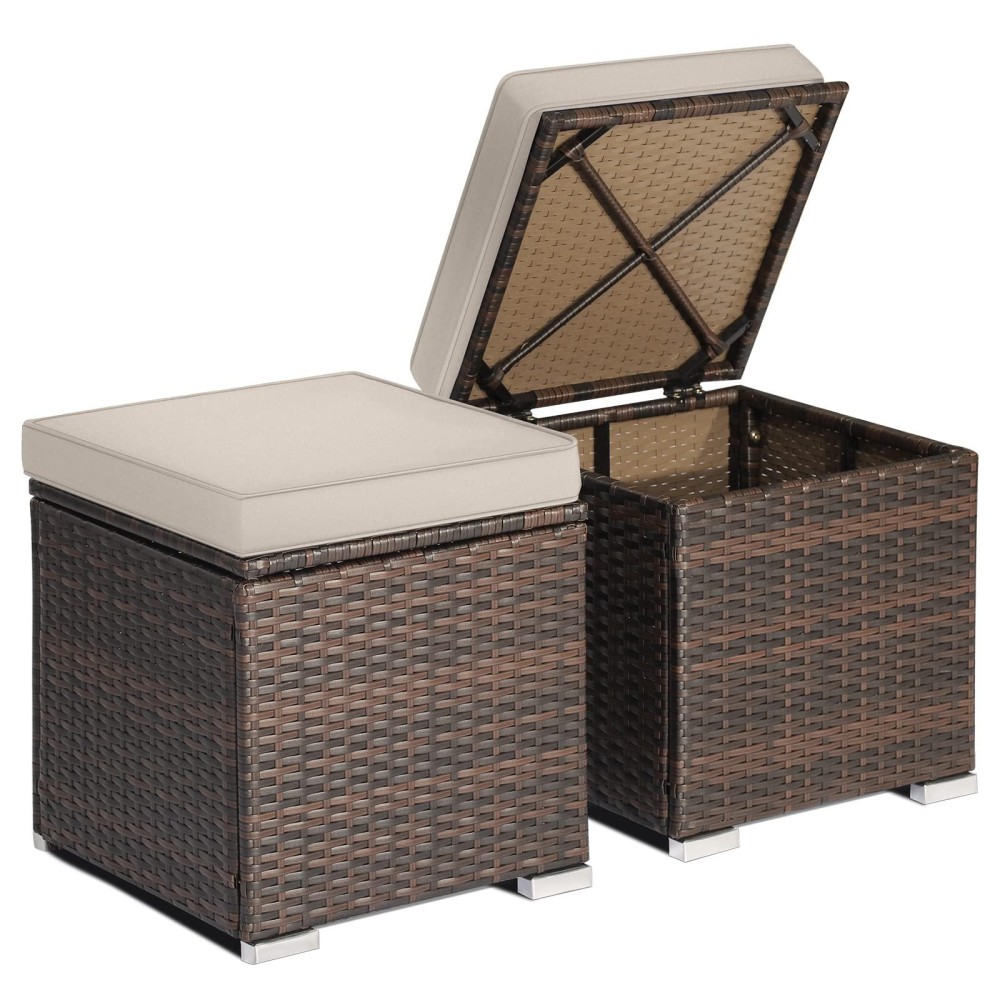 Relax4Life 2-Pieces Outside Rattan Ottomans - Patio Wicker Footstools With Storage Space, Removable Cushions, Multifunctional Hand-Woven Outdoor Side Tables, Additional Seats And Footrest (Beige)