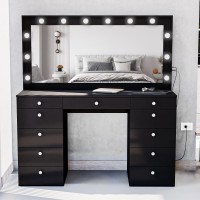 Boahaus Yara Bedroom Makeup Vanity Desk With Mirror And Lights, 7 Drawers, Glass Top, Usb Port, Crystal Knobs, Black Big Vanity Makeup Desk For Women - New Built-In Lights Version