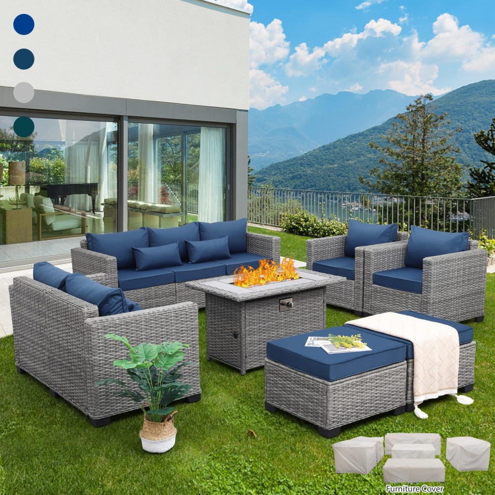 Rattaner Patio Furniture Set With 45Inch Fire Pit 7Piece Outdoor Furniture Sets Patio Couch Outdoor Chairs 60000 Btu Propane F