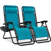 Best Choice Products Set Of 2 Adjustable Steel Mesh Zero Gravity Lounge Chair Recliners Wpillows And Cup Holder Trays Peacock