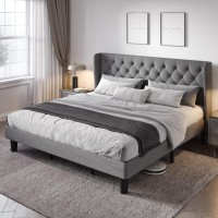 Allewie King Size Upholstered Platform Bed Frame With Wingback And Button Tufted Headboard For Reading Strong Wood Slat Support