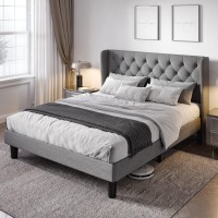 Allewie Queen Size Bed Frame With Button Tufted Wingback Headboard Modern Upholstered Bed Frame With Solid Wooden Slats Support